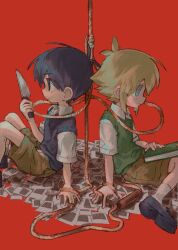  2boys 5_mugiko antenna_hair arm_support basil_(faraway)_(omori) basil_(omori) black_eyes black_hair black_shoes black_sweater_vest blonde_hair blue_eyes book book_on_lap brown_shorts closed_mouth collared_shirt commentary from_side green_sweater highres holding holding_knife jump_rope knees_up knife male_focus multiple_boys noose omori photo_(object) red_background shirt shoes short_hair short_sleeves shorts sidelocks simple_background sitting socks sunny_(omori) sweater sweater_vest white_shirt white_socks 