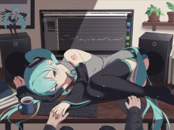 1girl 1other aqua_eyes aqua_hair aqua_nails aqua_necktie aqua_trim arm_tattoo armpit_crease black_skirt black_sleeves boots coffee collared_shirt commentary_request computer_keyboard cup detached_sleeves figure fingernails full_body grey_shirt hair_between_eyes hair_ornament hatsune_miku highres indoors keika_(otsukare) long_hair long_sleeves looking_at_viewer lying miniskirt monitor nail_polish necktie number_tattoo on_side pleated_skirt shirt skirt solo_focus speaker tattoo thigh_boots tie_clip twintails very_long_hair vocaloid wide_sleeves 