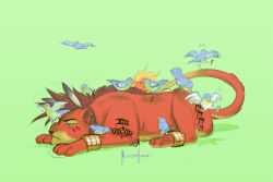  1boy annoyed bird body_markings closed_mouth dated english_commentary facial_mark fiery_tail final_fantasy final_fantasy_vii fire flying_sweatdrops furry furry_male green_background looking_to_the_side lying male_focus mane meesh_(mushymeesh) on_head on_stomach red_fur red_hair red_xiii roman_numeral signature tail 