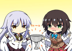  2girls :d angel angel_beats! angel_wings aoi_erika black_hair black_skirt blue_bow blue_bowtie blush bow bowtie bright_pupils brown_vest buttons chibi chibi_only collared_shirt commentary_request company_connection cowboy_shot crossover double-breasted embarrassed eyes_visible_through_hair gradient_background green_eyes grey_hair hair_between_eyes hands_up heaven_burns_red highres holding holding_trophy key_(company) long_hair long_sleeves medium_hair multiple_girls neck_ribbon nose_blush notice_lines open_mouth parted_lips plaid_clothes plaid_skirt pleated_skirt red_skirt ribbon school_uniform sekibaracheice shirt sidelocks simple_background skirt smile sweatdrop tachibana_kanade trophy v very_long_hair vest white_pupils white_shirt wings yellow_background yellow_eyes yellow_ribbon 
