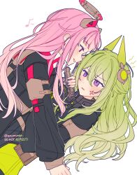  2girls alternate_hair_length_(longer) anger_vein black_gloves black_jacket blunt_bangs blush close_game/offline_(project_sekai) cocking_gun commentary dot_nose eighth_note eye_contact face-to-face gloves green_gloves green_hair gun hair_between_eyes hair_flaps hair_ornament halo highres holding holding_gun holding_weapon horns jacket kusanagi_nene long_bangs long_hair long_sleeves looking_at_another lying mechanical_ears mechanical_halo mechanical_horns multicolored_gloves multiple_girls musical_note official_alternate_costume official_alternate_hairstyle on_back ootori_emu parted_lips pink_eyes pink_hair pouch project_sekai simple_background single_glove smile straight_hair techwear the_coconutnut twitter_username two-tone_gloves untranslatable_commentary violet_eyes watermark weapon white_background yukadon yuri 
