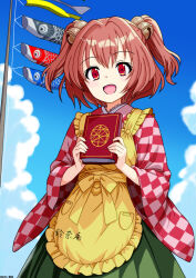  1girl apron artist_name bell blue_sky book checkered_clothes checkered_kimono children's_day clouds commentary_request dated day frilled_apron frills grimoire hair_bell hair_ornament highres holding holding_book japanese_clothes jingle_bell kimono kodomo_no_hi koinobori long_sleeves medium_hair mist9801km motoori_kosuzu open_mouth outdoors red_eyes red_hair sky smile solo touhou two_side_up wide_sleeves windsock yellow_apron 
