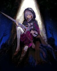  1boy absurdres bob_cut chin_boooooooo cloak crescent crescent_earrings earrings fate/grand_order fate_(series) francois_prelati_(fate) full_body grey_hair highres holding holding_sword holding_weapon hood hooded_cloak jewelry knee_up leggings long_sleeves male_focus red_eyes shirt shoes short_hair shorts sitting solo sword weapon 