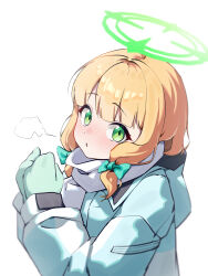  1girl absurdres alternate_costume blonde_hair blue_archive chinese_commentary commentary_request down_jacket green_eyes green_halo halo highres jacket long_hair looking_at_viewer midori_(blue_archive) scarf shanqianqian_377 simple_background solo upper_body white_background white_scarf winter_clothes 