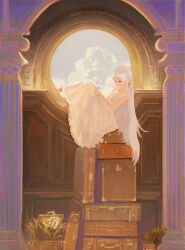  1girl absurdres architecture barefoot blue_flower breasts clouds commentary_request day dress earrings elf flower frieren frilled_dress frills full_body green_eyes grey_hair highres holding holding_flower jewelry knees_together_feet_apart long_dress long_hair looking_at_object lying outdoors parted_bangs pillar pointy_ears pupu_(pupu12123) short_eyebrows sitting sky sleeveless sleeveless_dress small_breasts solo sousou_no_frieren stone_pillar straight_hair suitcase teardrop_earrings white_dress white_hair 
