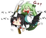  2girls :3 arm_cannon asyuaffw black_hair blush closed_eyes flapping flying gohei green_hair highres kochiya_sanae long_hair multiple_girls open_mouth reiuji_utsuho riding skirt third_eye touhou weapon wings 