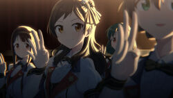  4girls black_bow black_bowtie blurry blurry_background blurry_foreground bow bowtie brown_eyes brown_hair closed_mouth commentary_request depth_of_field dream_prelude_(idolmaster) hand_up highres idolmaster idolmaster_million_live! idolmaster_million_live!_theater_days jacket kitazawa_shiho liselsia long_hair looking_at_viewer multiple_girls official_alternate_costume puffy_short_sleeves puffy_sleeves sakuramori_kaori short_sleeves smile tanaka_kotoha tokugawa_matsuri white_jacket 