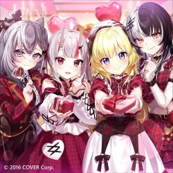  4girls :3 balloon belt black_belt black_hair blonde_hair blurry blurry_background blush bokeh center-flap_bangs closed_mouth commentary_request company_name cone_hair_bun copyright_notice demon_horns depth_of_field dress fang finger_heart gift gingham_clothes gingham_skirt grey_eyes grey_hair hair_bun hat heart_balloon holding holding_gift hololive hololive_english hololive_indonesia horns looking_at_viewer multicolored_hair multiple_girls nakiri_ayame official_art pisuke_wan pleated_skirt red_eyes red_hair red_skirt shiori_novella shirt skirt smile sparkle split-color_hair tongue tsunomaki_watame vestia_zeta violet_eyes virtual_youtuber white_dress white_hair white_hat white_shirt yellow_eyes 