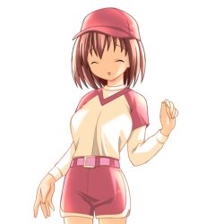  1girl 2000s_(style) baseball_cap baseball_uniform belt breasts brown_hair closed_eyes cowboy_shot game_asset hair_between_eyes hair_intakes half_updo hat hogeroh large_variant_set layered_sleeves long_sleeves medium_breasts natsuki_mayu non-web_source open_mouth raised_inner_eyebrows ryoujoku_gakuen self-datamine short_over_long_sleeves short_sleeves shorts simple_background smile solo sportswear tented_shirt transparent_background variant_set 