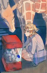  1girl arm_on_thigh arm_rest bag blonde_hair bow bowtie closed_mouth commentary_request crosswalk daiba_nana expressionless gashapon giraffe giraffe_(revue_starlight) green_eyes green_ribbon grey_jacket grey_shoes grey_skirt hair_ribbon highres jacket kneehighs knees_together_feet_apart loafers long_sleeves looking_ahead looking_at_another looking_at_object ookura_nata pink_bow pink_bowtie pleated_skirt ribbon road school_bag school_uniform seisho_music_academy_school_uniform shirt shoes short_hair shoujo_kageki_revue_starlight shoulder_bag sidelighting skirt socks squatting street two_side_up white_shirt white_socks 