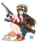  1girl bolt_action brown_eyes brown_hair eating goggles_on_hat gun headphones helmet highres lanchester_smg original pistol pleated_skirt sandwich skirt solo submachine_gun trigger_discipline weapon welrod 