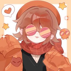  1girl :3 androgynous animification artist_request black_sweater_vest blush border brown_hair cardigan commission eyewear_on_head flipped_hair hardcore_heart hat heart highres lifesteal_smp minecraft_youtube open_cardigan open_clothes orange_cardigan orange_hat red_scarf round_eyewear scarf second-party_source short_hair sleeves_past_wrists smile solo spoken_heart squiddo sunglasses sweater_vest tongue tongue_out variant_set white_background yellow_border 