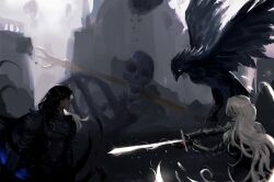  1boy 1girl absurdres animal armor bird black_hair burning canon_event commentary english_commentary fire from_behind gloxartx highres holding holding_sword holding_weapon long_hair looking_at_another nephis_(shadow_slave) outdoors oversized_animal scenery shadow_slave skull sunny_(shadow_slave) sword weapon white_hair 