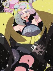  1girl blue_hair blush bow-shaped_hair breasts character_hair_ornament commentary_request fujiwara_hiro_(kaede_ciao) grey_pantyhose hair_ornament halter_shirt halterneck highres iono_(pokemon) jacket long_hair long_sleeves looking_at_viewer magnemite multicolored_hair open_mouth oversized_clothes pantyhose pink_hair pokemon pokemon_scarlet_and_violet sharp_teeth single_leg_pantyhose sleeves_past_fingers sleeves_past_wrists smile split-color_hair teeth two-tone_hair x_(symbol) yellow_jacket 