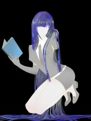  1other belt black_background blue_hair book commentary cynybwb elbow_gloves faceless facing_viewer full_body gem_uniform_(houseki_no_kuni) gloves grey_gloves grey_jacket grey_necktie grey_shoes grey_shorts hand_in_own_hair highres holding holding_book houseki_no_kuni jacket lapis_lazuli_(houseki_no_kuni) long_hair necktie open_book other_focus puffy_short_sleeves puffy_sleeves shoes short_sleeves shorts simple_background very_long_hair white_belt 
