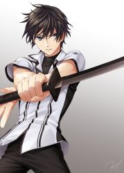  1boy black_hair black_pants collared_shirt commentary_request gradient_background grey_eyes hagun_academy_school_uniform hat_works_x highres holding holding_sword holding_weapon katana kurogane_ikki male_focus pants parted_lips rakudai_kishi_no_cavalry school_uniform shirt short_hair short_sleeves signature simple_background solo striped_clothes striped_shirt sword vertical-striped_clothes vertical-striped_shirt weapon 