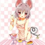  1girl 5240mosu animal_ears apron basket blush checkered checkered_background feeding food fruit grey_hair highres ice_cream mouse mouse_ears mouse_tail naked_apron nazrin pie pudding red_eyes short_hair solo spoon strawberry sundae tail touhou wrist_cuffs 