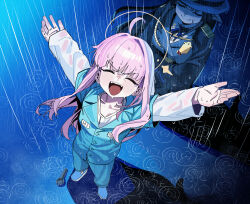  2girls \o/ absurdres ahoge arms_up blue_archive blue_pants blue_shoes brown_hair closed_eyes coat collared_shirt commentary from_above grey_coat grey_hat halo hat highres kaya_(blue_archive) kaya_(prison)_(blue_archive) long_hair long_sleeves misuzu_(blue_archive) multiple_girls open_mouth outdoors outstretched_arms pants parody pink_hair pointy_ears police_badge prison_clothes rain ruppu scene_reference shirt shoes spork spread_arms the_shawshank_redemption wet wet_clothes white_shirt yellow_halo 