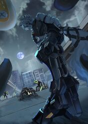 1boy aka_boguma animal_ears bangboo_(zenless_zone_zero) bicep_strap black_gloves body_fur building clouds cloudy_sky commentary_request eous_(zenless_zone_zero) ethereal_(zenless_zone_zero) fingerless_gloves from_below full_moon furry furry_male gloves highres looking_at_viewer male_focus mechanical_legs moon multicolored_hair night outdoors pants prosthesis prosthetic_leg red_eyes shirt short_hair sky tail tail_belt von_lycaon white_fur white_hair wolf_boy wolf_ears wolf_tail zenless_zone_zero 