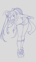  1girl :p ahoge animal_collar animal_ears badminton_uniform bent_over breasts collar collarbone commentary cropped_shirt dog_ears dog_girl dog_tail english_commentary full_body gloves grey_background hand_up highres holding_badminton_racket leaning_forward long_hair looking_at_viewer mariko_(poch4n) medium_breasts midriff mole mole_under_mouth monochrome one_eye_closed original outstretched_arm poch4n ponytail shirt shoes short_shorts short_sleeves shorts sidelocks simple_background sketch sneakers socks solo standing tail tongue tongue_out v visor_cap 
