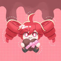 1girl ahoge ball_hands black_boots boots bow box box_of_chocolates chibi chibi_only commentary_request double-parted_bangs drill_hair grid_background hair_between_eyes heart-shaped_box highres kasane_teto pink_background pink_bow red_eyes red_hair ririko_(nagareboshi) sidelocks solo tongue tongue_out twin_drills utau 