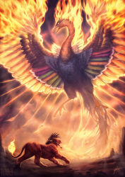  1boy 1other artist_name beak english_commentary english_text fiery_tail fiery_wings final_fantasy final_fantasy_vii fire furry furry_male highres johannatarkela looking_at_another looking_down looking_up multicolored_feathers open_mouth phoenix_(final_fantasy) red_fur red_hair red_xiii signature tail wings 