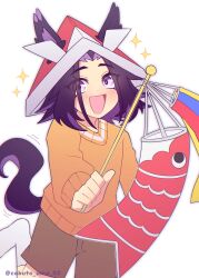  1girl aged_down animal_ears black_hair blush brown_shorts children's_day commentary_request ears_through_headwear fenomeno_(umamusume) hat highres holding horse_ears horse_girl horse_tail kodomo_no_hi koinobori long_sleeves looking_at_viewer multicolored_hair open_mouth orange_sweater paper_hat paper_kabuto purple_hair short_hair shorts smile sweater tail umamusume violet_eyes w3n6e windsock 