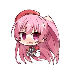  1girl @_@ beret black_necktie blunt_bangs blush chibi chibi_only chinese_commentary commentary_request cropped_jacket cropped_torso furrowed_brow fuyou_lev hair_between_eyes hands_on_own_chest hands_up hat jacket komowata_haruka_(style) long_hair long_sleeves looking_at_viewer mitsukasa_ayase necktie nose_blush open_clothes open_jacket open_mouth pink_hair ponytail red_hat red_jacket riddle_joker shirt short_necktie simple_background solo tearing_up transparent_background upper_body very_long_hair violet_eyes wavy_mouth white_shirt 