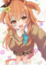  1girl animal_ears blue_bow blush bow brown_cardigan cardigan collared_shirt commentary_request ear_bow ear_ribbon facial_mark hair_between_eyes horse_ears horse_girl horse_tail leg_warmers long_hair long_sleeves looking_at_viewer mayano_top_gun_(umamusume) official_alternate_costume open_mouth orange_eyes orange_hair orange_tail plaid_clothes plaid_skirt potarou_pomi shirt skirt smile solo star_(symbol) star_facial_mark tail two_side_up umamusume v white_leg_warmers white_shirt 