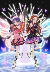  2girls :d absurdres ageha_mia arm_up armpits black_dress black_gloves black_hair blue_eyes blue_flower blue_rose brown_flower brown_hair brown_rose bug butterfly detached_sleeves dress earth_(planet) elbow_gloves finger_gun flower frilled_dress frills full_body gloves highres hye_in_(pretty_rhythm) ice_skates jewelry lace-trimmed_dress lace_trim long_hair multiple_girls necklace official_art open_mouth outstretched_arm pink_dress pink_flower pink_rose planet pretty_rhythm pretty_rhythm_dear_my_future pretty_series purple_butterfly purple_hair red_flower red_rose rose shoes short_dress skates sleeveless sleeveless_dress smile standing standing_on_one_leg strapless tiara violet_eyes white_shoes yellow_flower yellow_rose 
