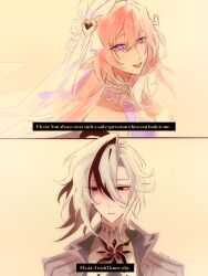  2girls arlecchino_(genshin_impact) black_eyes black_hair breasts coat commentary diamond-shaped_pupils diamond_(shape) elf elysia_(herrscher_of_human:_ego)_(honkai_impact) elysia_(honkai_impact) english_commentary english_text genshin_impact grey_coat highres honkai_(series) honkai_impact_3rd large_breasts long_hair mihoyo multicolored_hair multiple_girls pink_hair pointy_ears short_hair siwhim smile subtitled symbol-shaped_pupils two-tone_hair veil very_long_hair violet_eyes white_hair white_veil x-shaped_pupils 