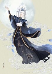  animal animal_print artist_name bird_print black_hanfu black_robe blue_capelet blue_gem bracer brown_background capelet chinese_clothes chinese_commentary chinese_hairpin closed_eyes closed_mouth commentary_request expressionless fingernails floral_print forehead forehead_jewel full_moon gem hair_bun hair_ornament hairpin half_updo hand_up hanfu high_collar highres holding holding_animal holding_rabbit layered_sleeves lipstick long_fingernails long_hair long_sleeves makeup mandarin_collar moon moonset_(shining_nikki) multiple_hairpins nikki_(series) peacock_feathers rabbit red_lips robe shining_nikki single_hair_bun topknot watermark weibo_watermark white_hair white_rabbit_(animal) wide_sleeves yangyushan 