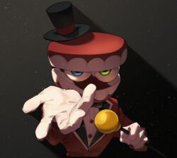  1boy arm_up black_bow black_bowtie black_hat blue_eyes bow bowtie caine_(the_amazing_digital_circus) cane coat dentures detached_eyes gloves green_eyes hat heterochromia holding holding_cane lapels light_particles looking_at_viewer male_focus notched_lapels outstretched_arm outstretched_hand red_coat shirt solo tailcoat teeth the_amazing_digital_circus top_hat upper_body ura_rrri_ri4649 white_gloves white_shirt 