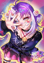  1girl bandaid black_shirt braid cellphone choker hair_ornament highres indie_virtual_youtuber looking_at_viewer michi_mochievee michi_mochievee_(teen) multicolored_hair patchwork_skin phone pink_skirt purple_hair purple_nails purple_shirt red_pupils ringed_eyes shirt short_twintails skirt smartphone smile solo star_(symbol) star_hair_ornament stitched_face stitches streaked_hair twintails virtual_youtuber white_hair xereliex_studio 
