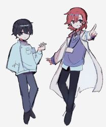  >:) 2boys arm_at_side armband black_hair black_pants black_shoes blue_armband blue_jacket blue_necktie blue_shirt blue_sweater cigarette closed_mouth coat collared_shirt full_body grey_pants hand_in_pocket hem_peeking_out highres holding holding_cigarette hyoutenka_30-do_no_zetsubou id_card jacket kuchinashi_dabi lanyard medium_hair mitsudomoe_koubou_(series) multiple_boys necktie obvekucy7e54886 one_eye_closed pants pointing red_hair shirt shoes simple_background smile sweater tonimura_yui untucked_shirt v-shaped_eyebrows white_background white_coat 