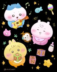  absurdres baby baby_animal baby_bottle beamed_eighth_notes bear black_background blush bottle chiikawa chiikawa_(character) eighth_note fish hachiware_(chiikawa) highres holding holding_instrument holding_ukulele instrument mintsheri musical_note no_humans onesie playing_ukulele rattle star_(symbol) stuffed_toy toy_block ukulele usagi_(chiikawa) 