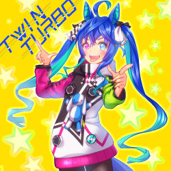  1girl @_@ ahoge animal_ears blue_eyes blue_hair blush brown_leggings character_name coat commentary_request crossed_bangs drawstring heterochromia highres hood hooded_coat hoodie horse_ears horse_girl horse_tail leggings long_hair long_sleeves looking_at_viewer multicolored_coat multicolored_hair multicolored_hoodie open_mouth sharp_teeth smile solo star_(symbol) stuffed_animal stuffed_rabbit stuffed_toy sugimotty_nova tail teeth tongue tongue_out twin_turbo_(blast_mode!_turbo_engine)_(umamusume) twin_turbo_(umamusume) twintails umamusume violet_eyes 
