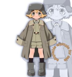  1girl 2000s_(style) :3 belt bk_(barakoodra) blonde_hair boots child coat commentary dot_nose english_commentary full_body helmet looking_at_viewer military_uniform original socks solo standing 