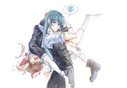  1boy 1girl anger_vein black_vest blush boots brown_boots brown_hair carrying carrying_person chinese_commentary collared_shirt commentary_request cowboy_shot flying_sweatdrops ge_dazuo gloves green_eyes green_hair hair_between_eyes highres long_hair looking_at_viewer open_mouth original parted_lips pointy_ears shirt short_sleeves simple_background socks spoken_squiggle squiggle vest violet_eyes white_background white_gloves white_socks 