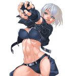  1girl abs angel_(kof) belt blue_eyes bra breasts chaps cropped_jacket cropped_legs fingerless_gloves gloves grin impossible_clothes king_of_fighters king_of_fighters_xi large_breasts leather_jacket midriff navel open_clothes open_jacket panties short_hair silver_hair smile solo strapless_bra takoyaki_neko-san underwear zipper 