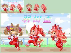  agnes_digital_(umamusume) animal_ears blush bow commentary_request ear_bow ear_covers gym_uniform hairband haru_urara_(umamusume) headband horse_ears horse_girl horse_tail jacket jersey keykey117117 long_hair multiple_girls open_mouth pink_hair pixel_art ponytail shirt smart_falcon_(umamusume) smile tail track_jacket track_suit umamusume 