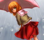  1girl blonde_hair braid green_eyes long_hair looking_back misoshiru_(meridianchild312) one rain satomura_akane school_uniform skirt solo umbrella 