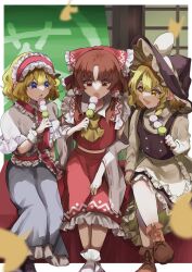  3girls absurdres alice_margatroid apron ascot black_hat black_skirt black_vest blonde_hair blue_dress blue_eyes blurry boots bow braid brown_boots brown_eyes brown_hair capelet commentary_request dango depth_of_field detached_sleeves dress falling_leaves food frilled_bow frilled_hair_tubes frilled_hairband frilled_sash frilled_skirt frills ginkgo_leaf hair_bow hair_tubes hairband hakurei_reimu hat hat_bow highres holding holding_skewer jingai_(k1bun) kirisame_marisa lace-up_boots leaf long_hair medium_hair multiple_girls open_mouth red_bow red_hairband red_skirt ribbon-trimmed_sleeves ribbon_trim sanshoku_dango sash side_braid single_braid sitting skewer skirt skirt_set touhou vest wagashi waist_apron white_apron white_bow white_capelet witch_hat wrist_cuffs yellow_ascot yellow_eyes 