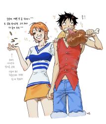  1boy 1girl bare_shoulders black_hair blue_shorts blush boned_meat coin commentary cowboy_shot earrings eating food fur-trimmed_shorts fur_trim gold_coin grin hand_on_another's_shoulder hat hat_on_back highres holding holding_food jewelry meat miniskirt monkey_d._luffy mouth_hold nami_(one_piece) one_piece orange_hair playwithfire_3 red_vest shirt short_hair short_sleeves shorts simple_background skirt smile sparkle straw_hat teeth_hold v-neck vest white_background white_shirt yellow_skirt 