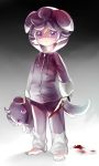  1boy artist_request barefoot blood bloody_knife ears espurr hoodie knife looking_at_viewer personification pokemon pokemon_(game) pokemon_xy purple_hair short_hair solo tail violet_eyes yangire 