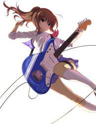  >:) 1girl ahoge angel_beats! backlighting blue_sailor_collar blue_skirt breasts brown_eyes brown_hair closed_mouth commentary_request dutch_angle feet_out_of_frame floating_hair guitar hair_between_eyes highres hisako_(angel_beats!) holding holding_guitar holding_instrument holding_plectrum instrument knee_up kneehighs large_breasts long_hair long_sleeves looking_at_viewer midriff miniskirt neckerchief pink_neckerchief pleated_skirt plectrum ponytail sailor_collar sailor_shirt shinda_sekai_sensen_uniform shirt sidelocks simple_background skirt sleeves_rolled_up smile smug socks solo split_mouth thigh_strap toyohama v-shaped_eyebrows white_background white_shirt white_socks 