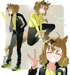  ahoge animal_ears black_jacket black_pants blush breasts brown_hair cat closed_eyes closed_mouth grin hair_between_eyes hair_ornament hairclip hands_in_pockets highres horse_ears horse_girl horse_tail jacket jewelry jungle_pocket_(umamusume) long_sleeves medium_hair neck;ace necklace nmnm2332chan notched_ear open_clothes open_jacket open_mouth pants shirt smile star_(symbol) tail teeth umamusume v yellow_eyes yellow_shirt 