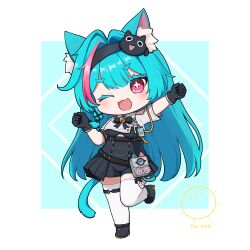  105961 1girl :3 :d absurdres animal_ear_fluff animal_ears aqua_hair black_dress black_gloves cat_ears cat_girl cat_tail chibi commentary_request cropped_shirt dress gloves highres long_hair looking_at_viewer mint_(neverness_to_everness) neverness_to_everness pink_eyes pink_hair shirt short_eyebrows smile solo tail thigh-highs very_long_hair white_shirt white_thighhighs 