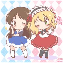  2girls ;) argyle_background black_hairband black_socks blonde_hair blush brown_eyes brown_hair brown_shoes chibi closed_mouth collared_shirt colored_shadow commentary_request dress frilled_hairband frills green_eyes hair_between_eyes hairband idolmaster idolmaster_cinderella_girls kneehighs layered_sleeves long_hair long_sleeves mitarashi_neko multiple_girls one_eye_closed puffy_short_sleeves puffy_sleeves red_dress red_shoes ribbon-trimmed_hairband sakurai_momoka shadow shirt shoes short_over_long_sleeves short_sleeves smile socks sparkle tachibana_arisu very_long_hair white_shirt white_socks 