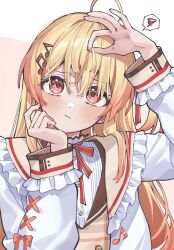  1girl absurdres ahoge arm_up blonde_hair brown_dress brown_eyes brown_sailor_collar buttons commentary_request double-breasted double-parted_bangs dress frilled_jacket frills hair_between_eyes hair_ornament hair_ribbon hairclip hand_up highres hololive hololive_dev_is jacket long_hair musical_note musical_note_hair_ornament neck_ribbon one_side_up orange_hair otonose_kanade otonose_kanade_(1st_costume) red_ribbon ribbon sailor_collar shirt sidelocks solo spoken_squiggle squiggle tsukino_(nakajimaseiki) virtual_youtuber white_jacket white_shirt 